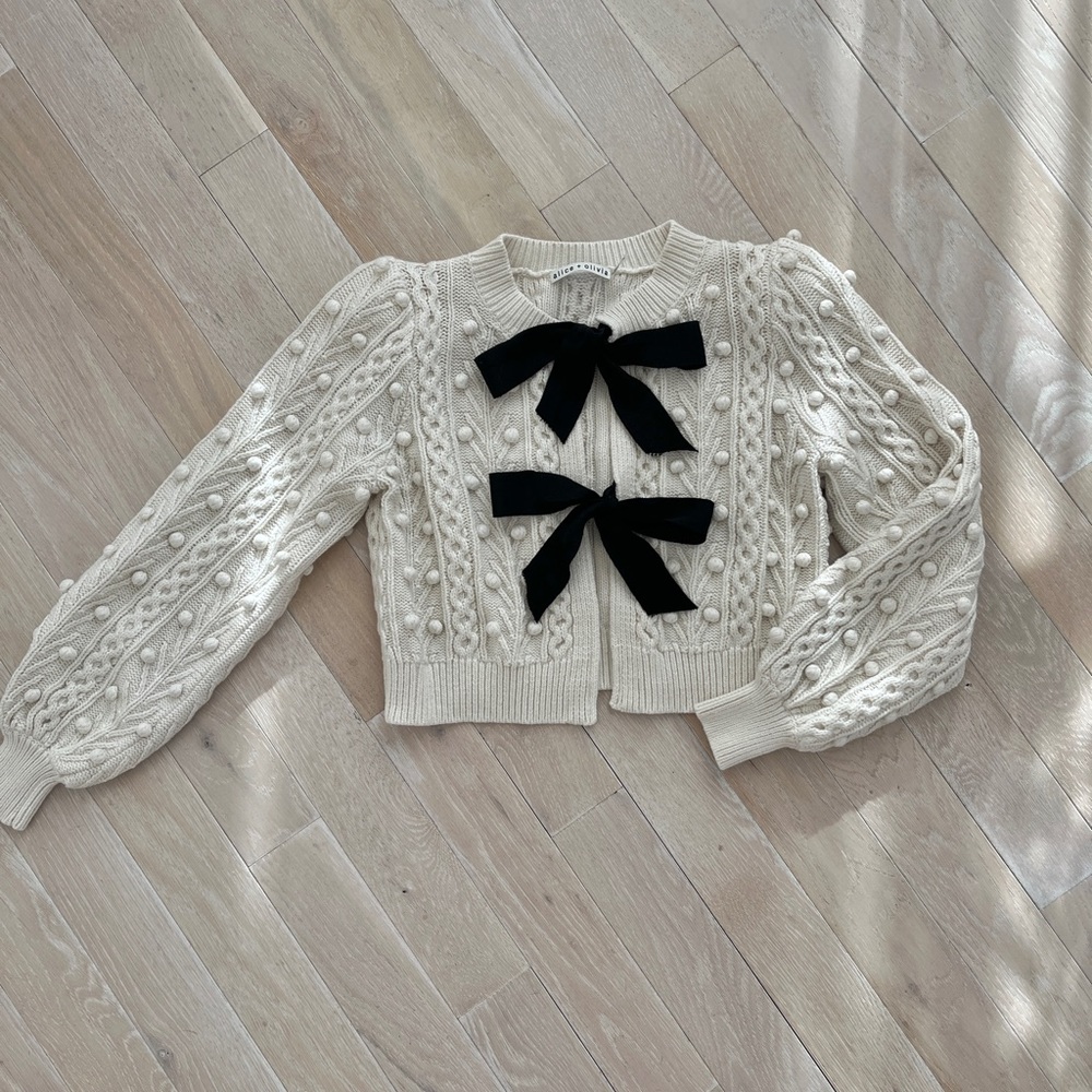 Alice + Olivia Kitty Puff-sleeve Bow-tie Cardigan - Size S